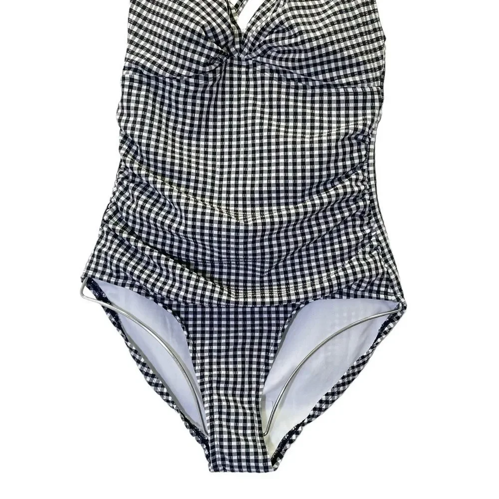 NWT Kona Sol Shirred Seersucker One Piece Swimsuit Black & White Size Medium NEW